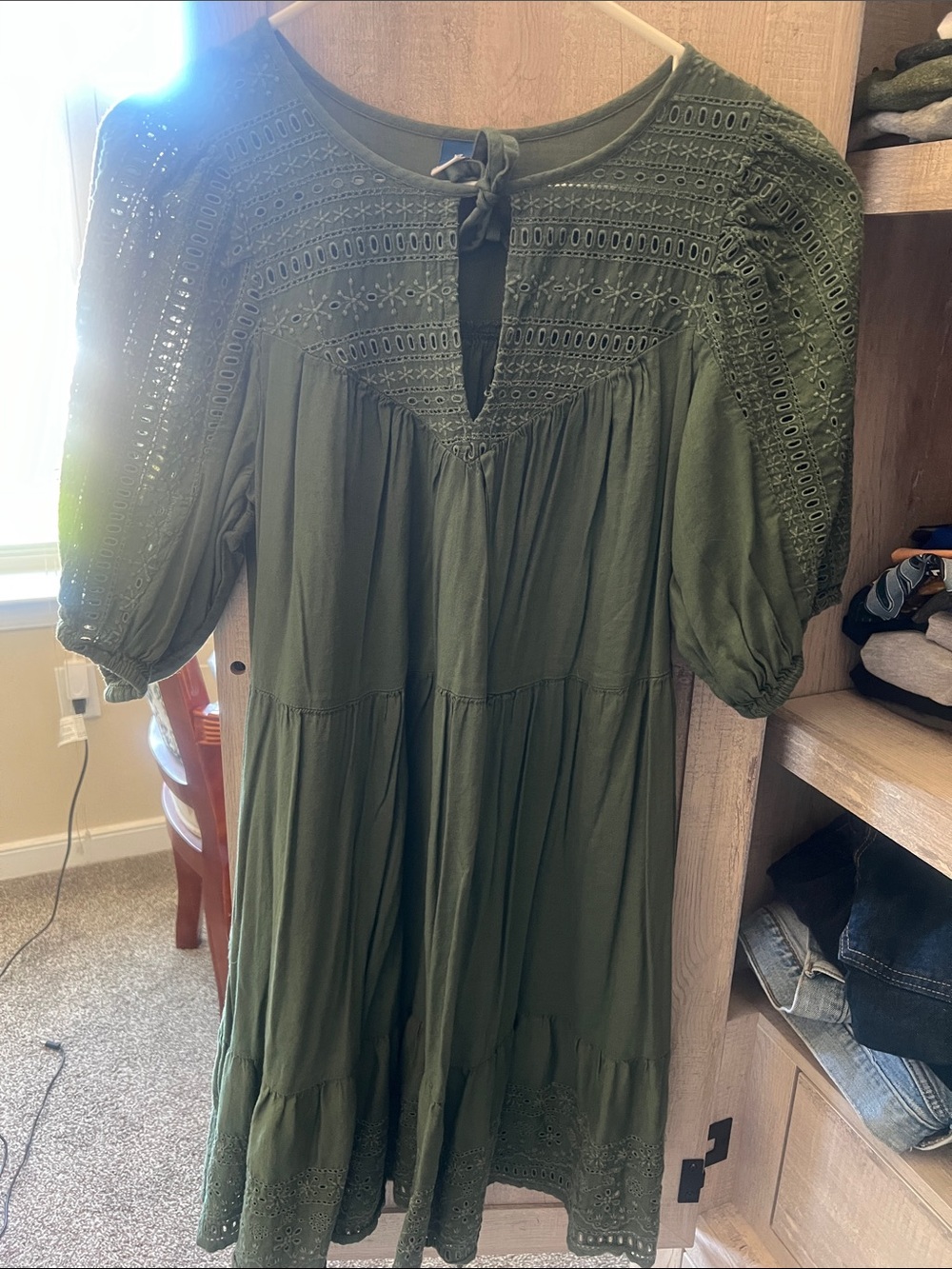 Old Navy Olive Green Eyelet Tiered Midi Dress with Tie Neck